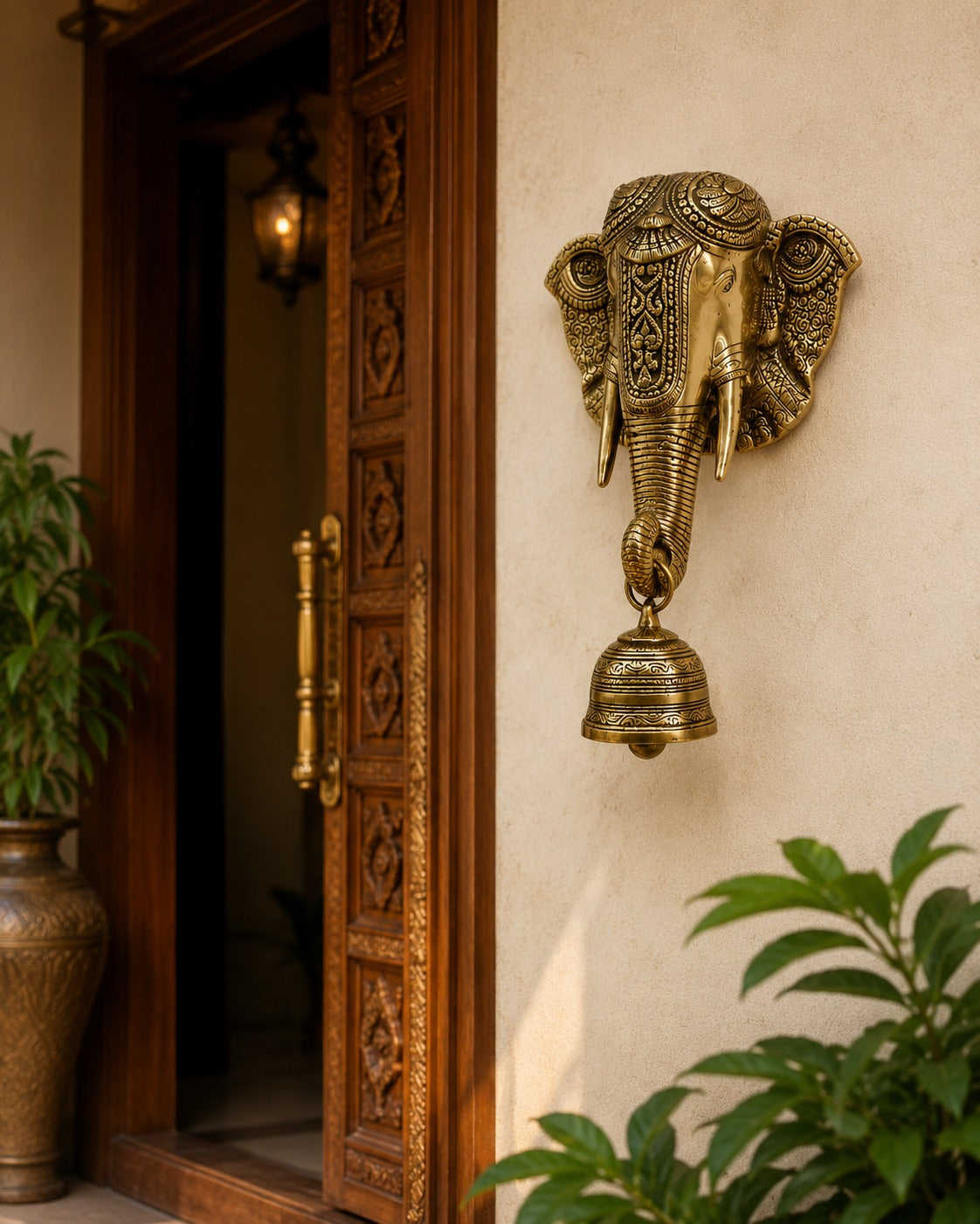 Brass Elephant Wall Hanging with Bell for Home Entrance, Temple & Vastu Decor | Antique Finish Decorative Door Hanging | 11 Inch