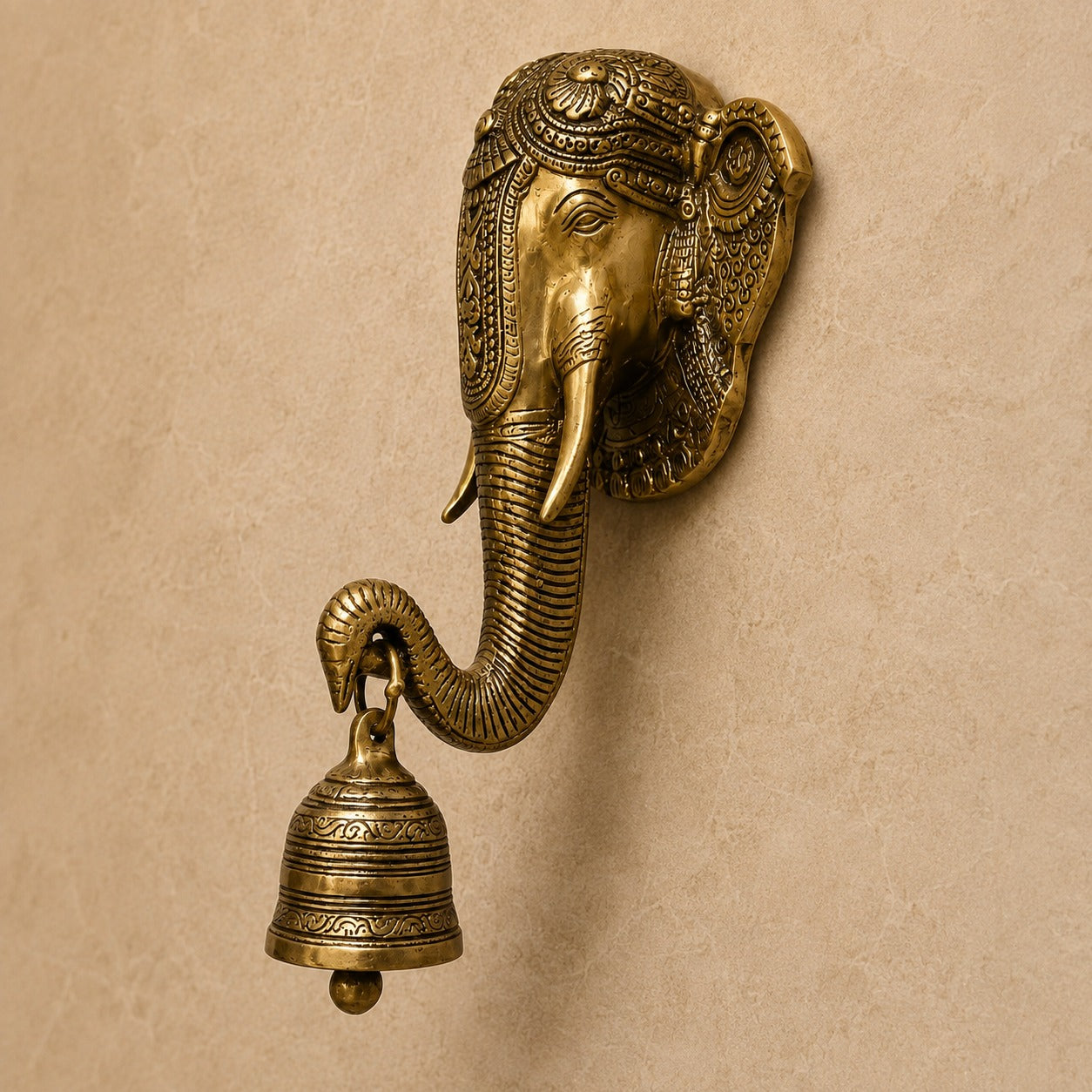 Brass Elephant Wall Hanging with Bell for Home Entrance, Temple & Vastu Decor | Antique Finish Decorative Door Hanging | 11 Inch