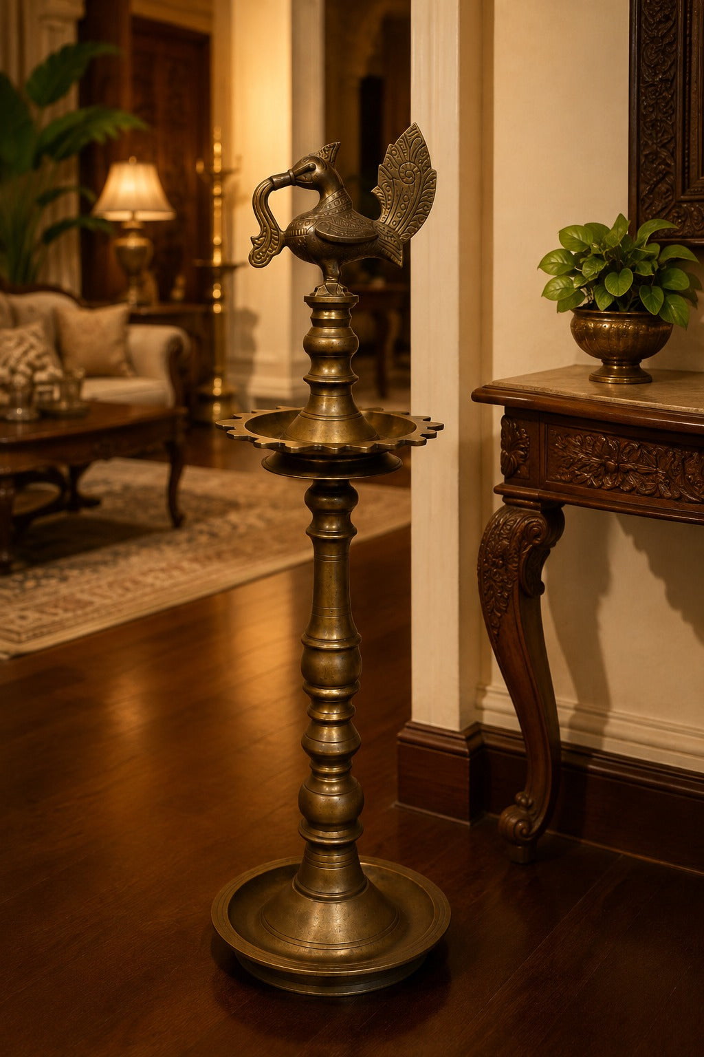 Vintage Old Kerala Brass Peacock Nilavilakku – Traditional Venu Oil Lamp