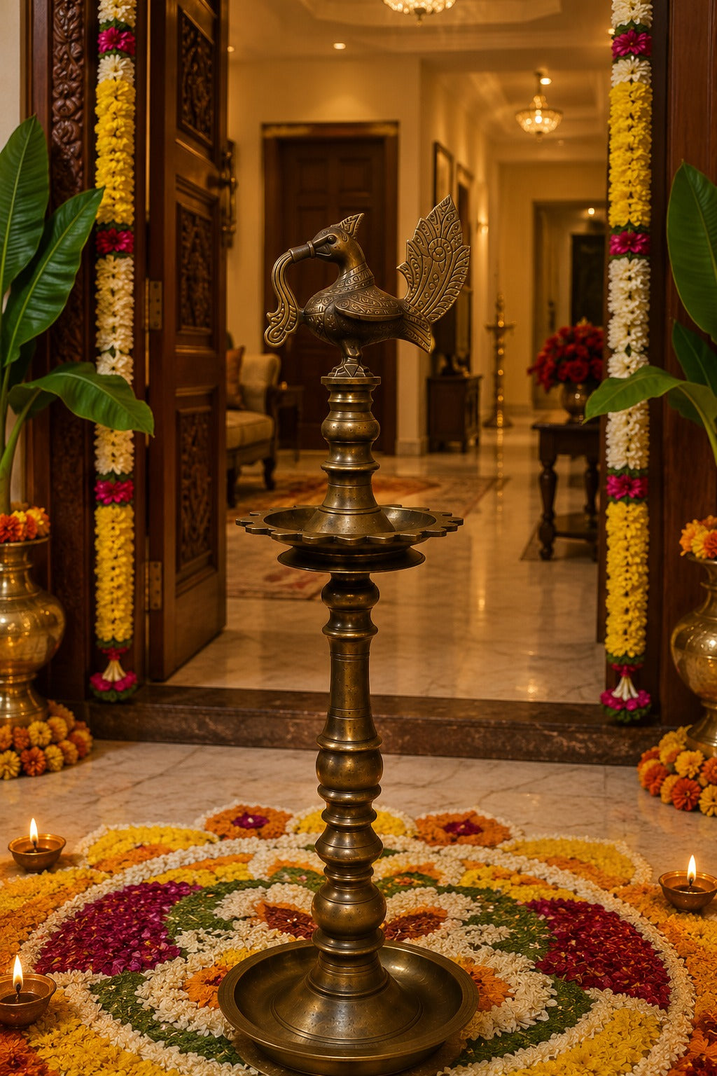 Vintage Old Kerala Brass Peacock Nilavilakku – Traditional Venu Oil Lamp