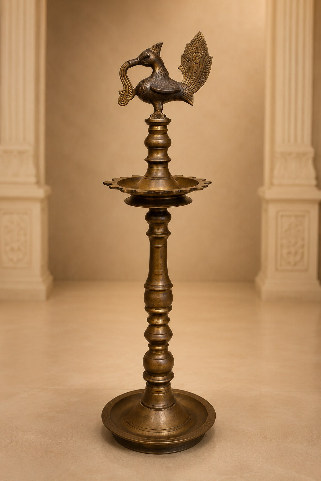 Vintage Old Kerala Brass Peacock Nilavilakku – Traditional Venu Oil Lamp