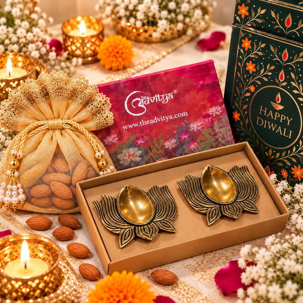 Premium Diwali Gift Hamper with Brass Lotus Diyas & Almond Potli | Festive Gift Box for Family, Friends & Corporate Gifting