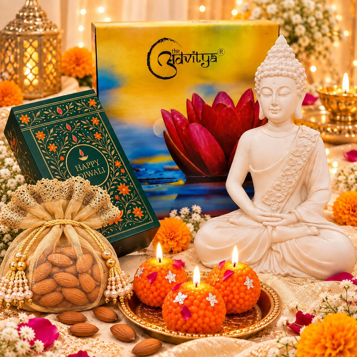 Premium Diwali Gift Hamper with Buddha Statue, Almond Pouch & Decorative Candle Laddoos | Festive Home Décor & Luxury Gifting Set