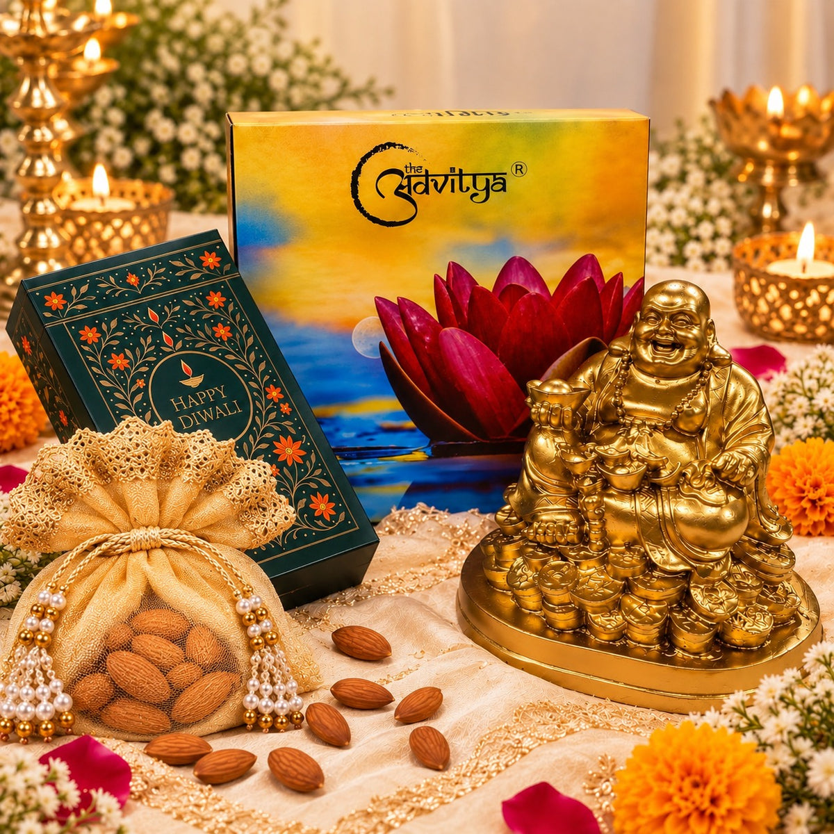 TheAdvitya Diwali Prosperity Gift Hamper – Laughing Buddha Idol, Premium Almond Potli & Festive Diwali Gift Box