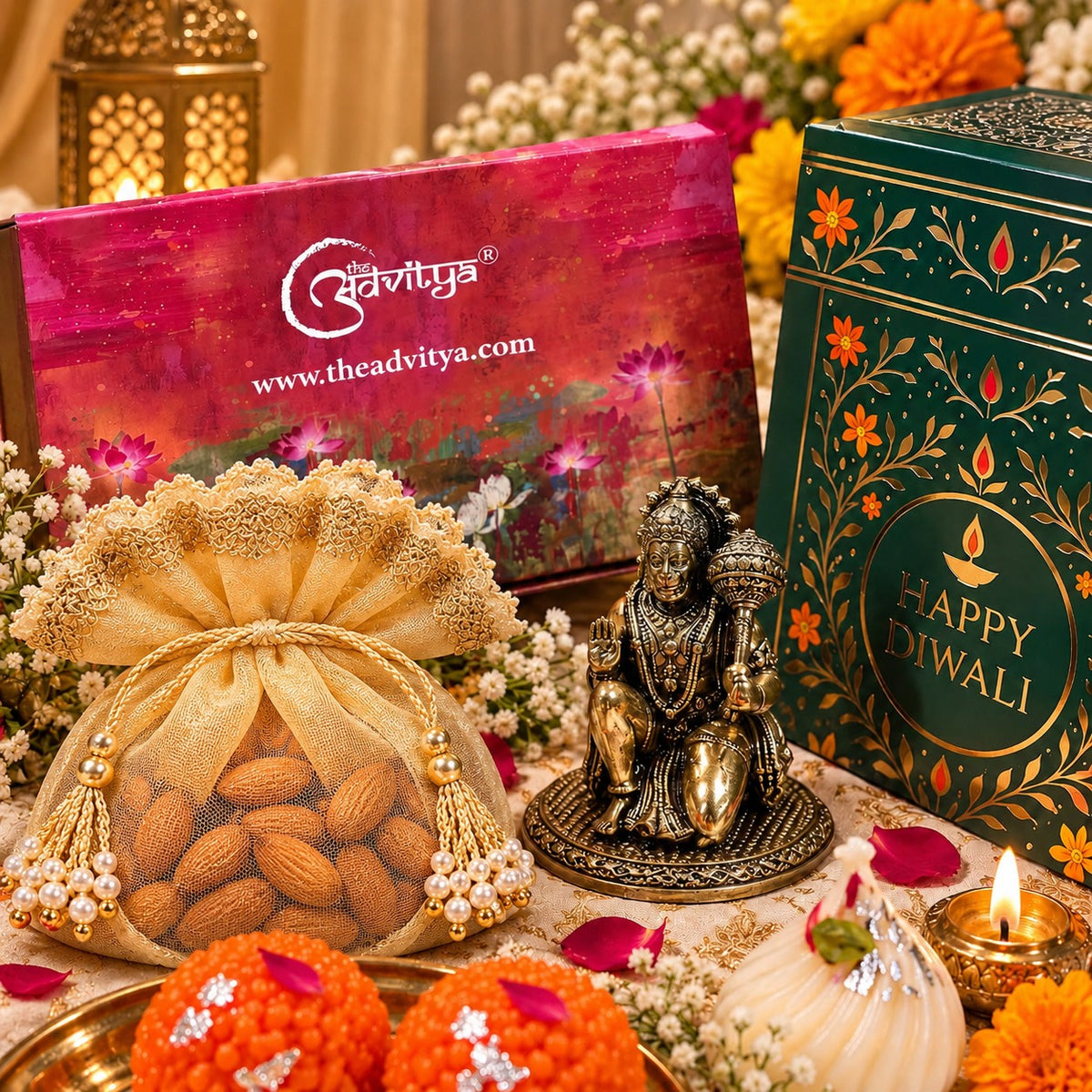 Premium Diwali Gift Hamper with Brass Hanuman Idol, Almond Potli & Decorative Diya | Festive Gift Box for Family, Friends & Corporate Gifting