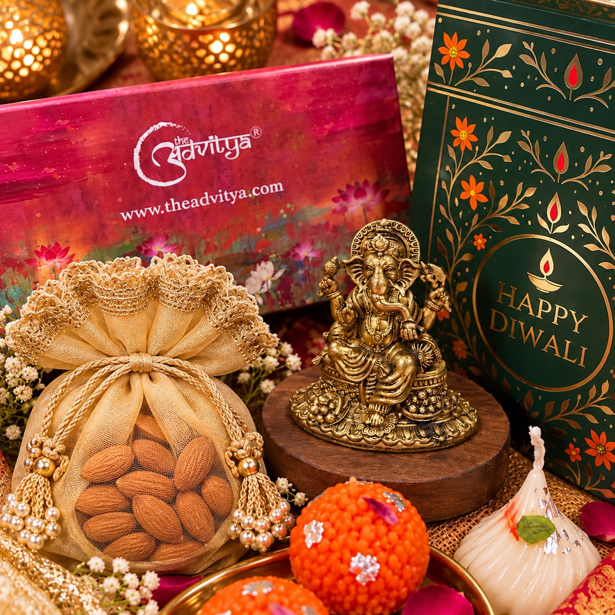 Premium Diwali Gift Hamper with Brass Ganesha Idol, Almond Potli & Decorative Candle Ladoo | Festive Corporate & Family Gift