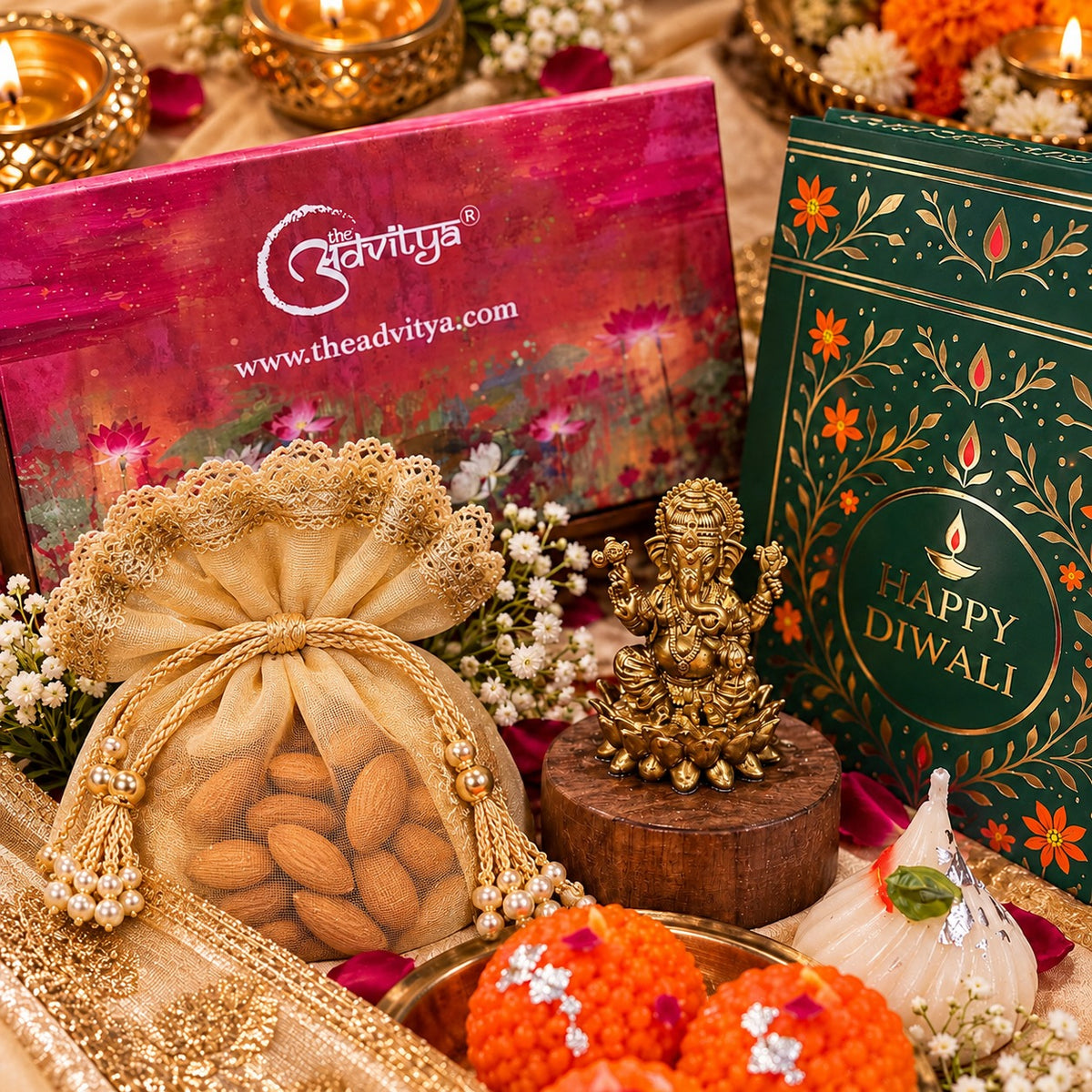 Diwali Gift Hamper with Brass Ganesha Idol, Almond Potli & Scented Candles