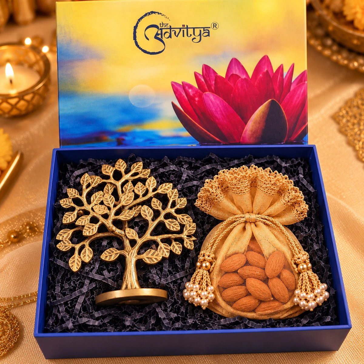 Diwali Gift Hamper with Brass Tree of Life Decor, Almond Potli & Luxury Gift Box | Festive Corporate & Family Gift