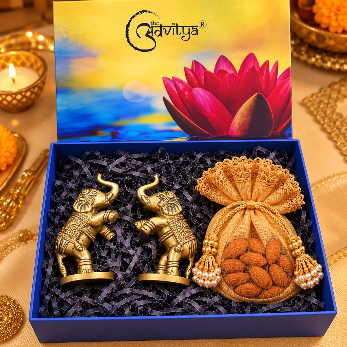 Diwali Gift Hamper with Brass Elephant Pair & Almond Potli | Luxury Festive Gift Box for Home Décor & Corporate Gifting
