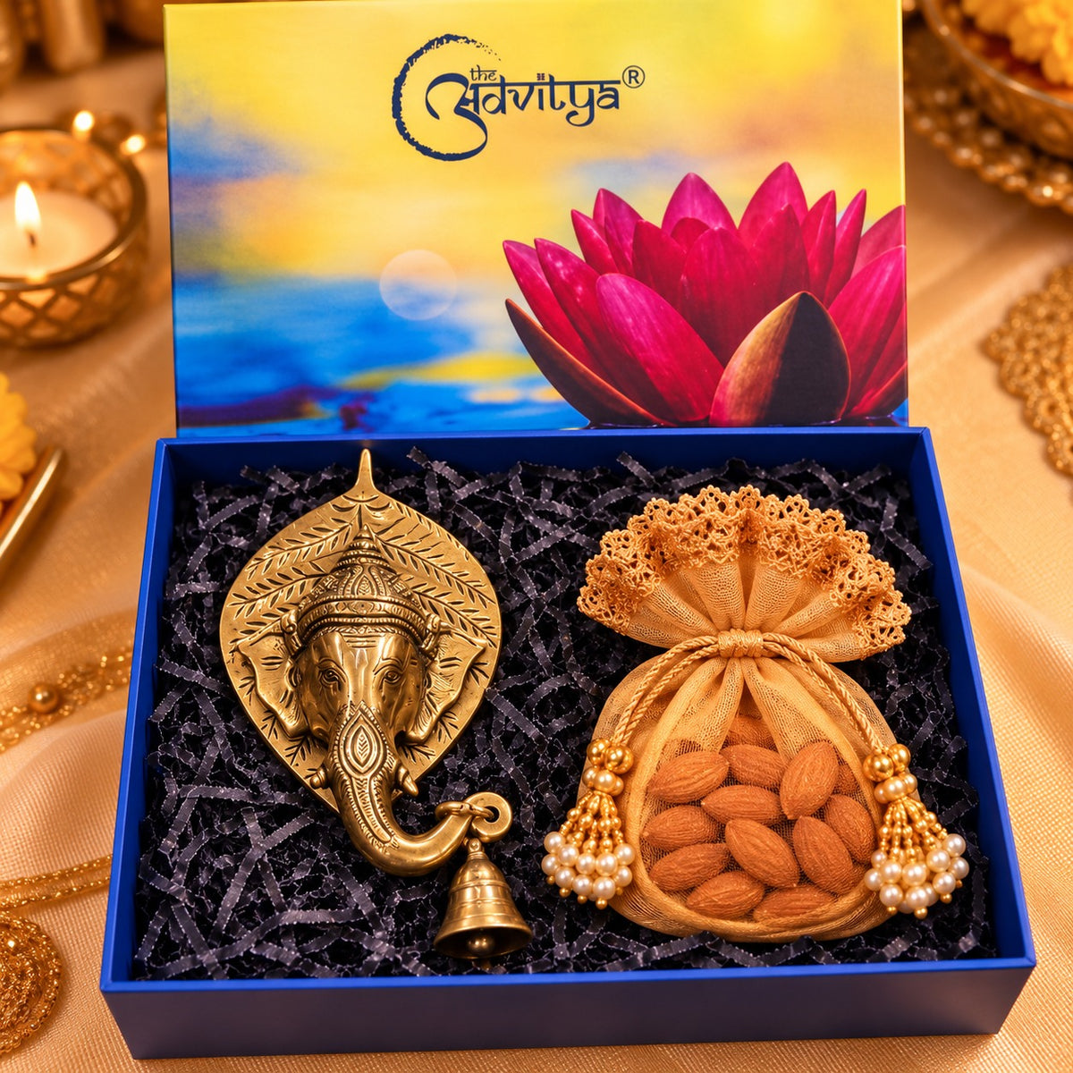 Diwali Gift Hamper with Brass Ganesha Wall Decor, Hanging Bell & Almond Potli | Luxury Festive Gift Box