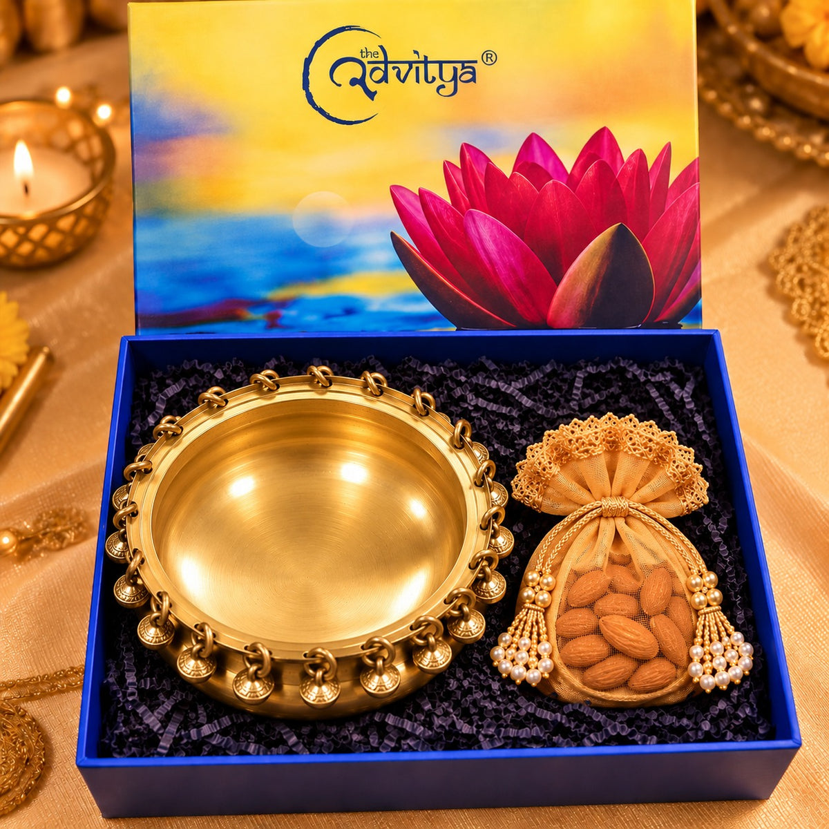 Diwali Gift Hamper with Brass Urli Bowl & Almond Potli | Luxury Festive Gift Box for Home Décor & Corporate Gifting