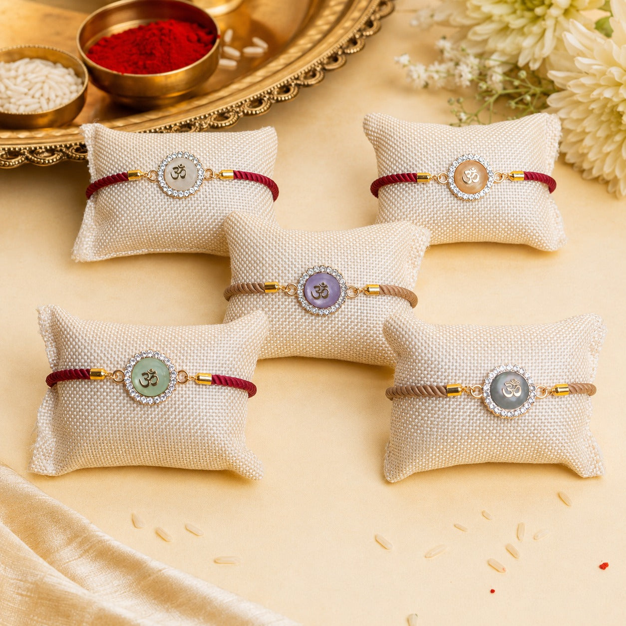 Om Swarovski Charm Bracelet Rakhi Assorted Colours Pack of 5 with Roli Chawal
