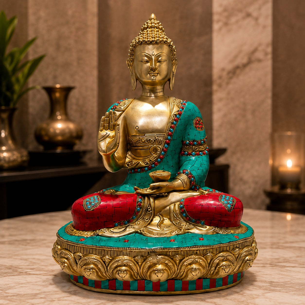 Buddha Mosaic Brass Statue for Vastu Decor | 17 inches