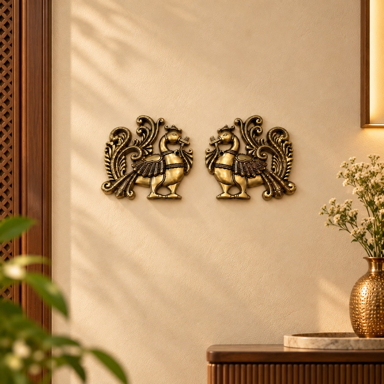 Handcrafted Brass Peacock Wall Decor Pair | Traditional Indian Wall Hanging Art