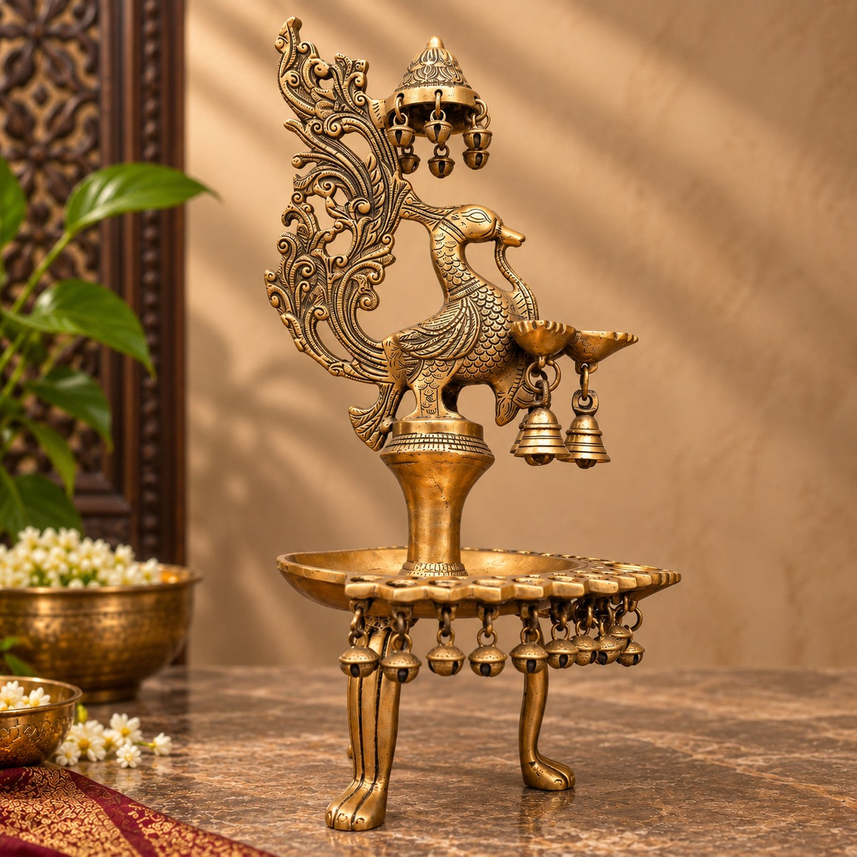 Brass Peacock Oil Lamp Stand