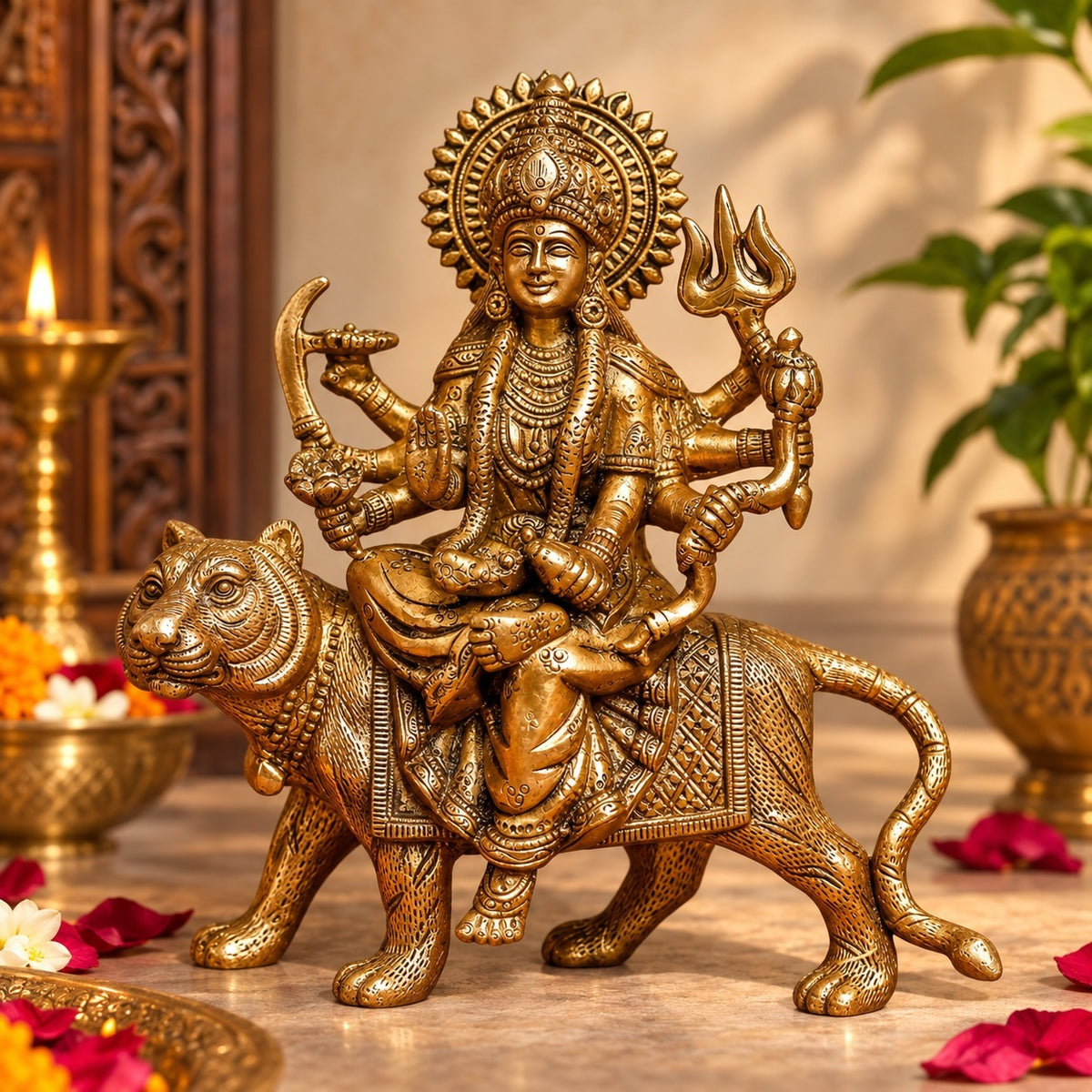 Brass Durga Idol Sitting on Lion