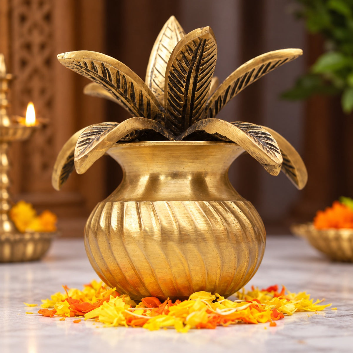 Brass Mangal Kalash With Mango Leaves