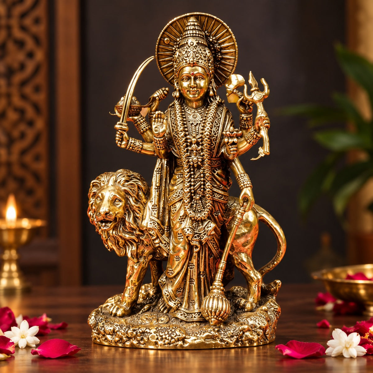 Superfine Brass Durga Ji Standing On Base