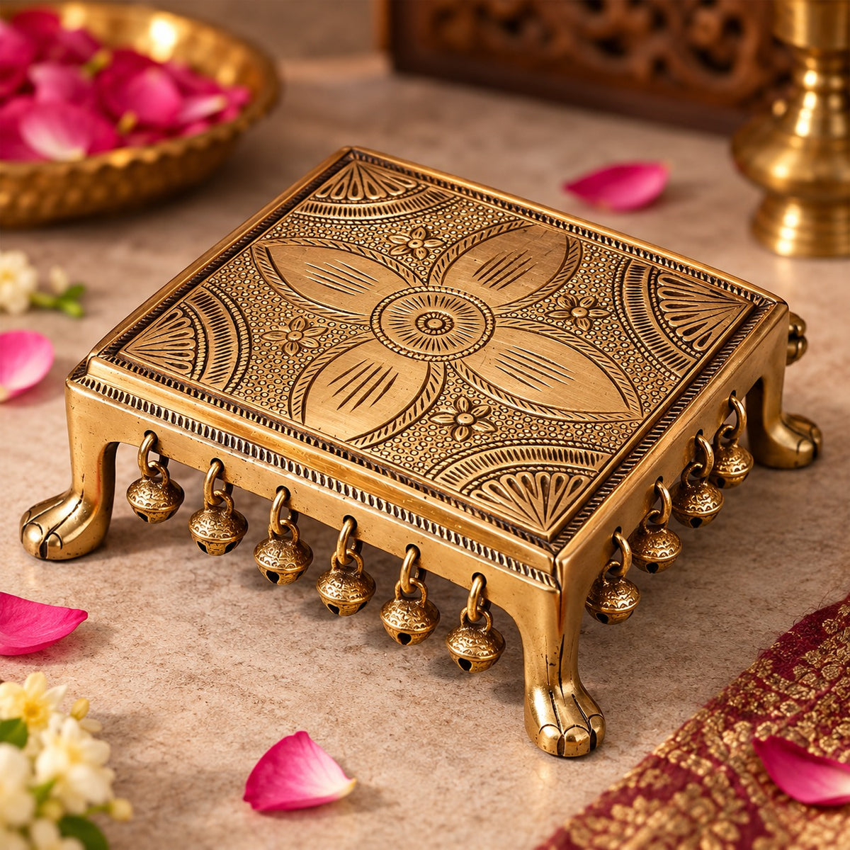 Brass Chowki Rectangular in Floral Design