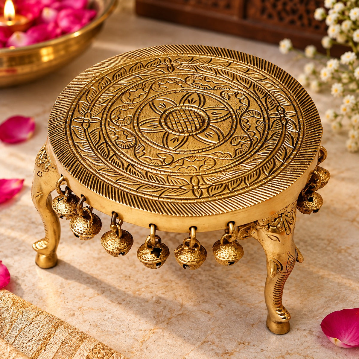 Brass Elephant Chowki With Bell