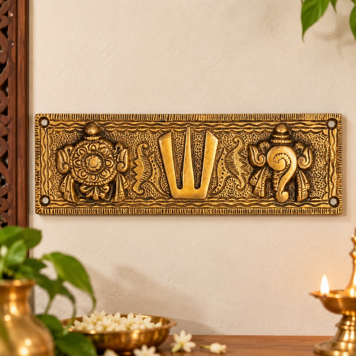 Brass Shankh Chakra Namah wall hanging