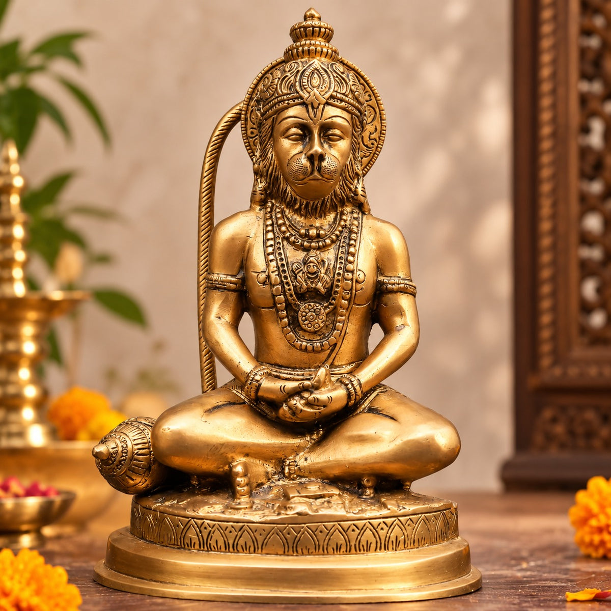 Brass Hanuman Statue In Meditating Mudra