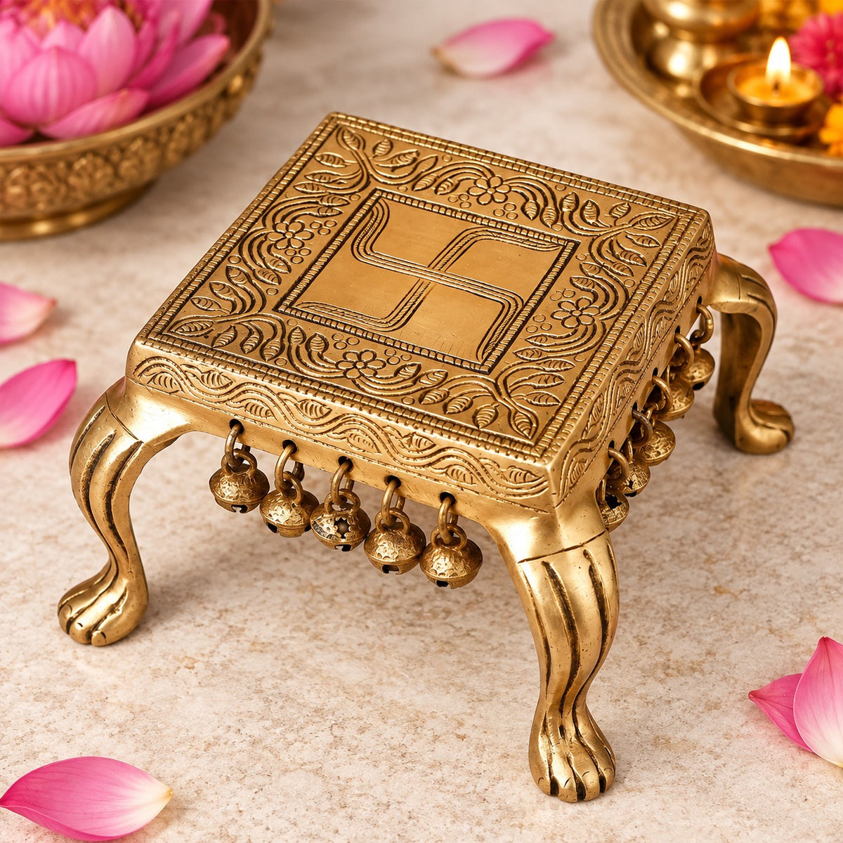 Brass Square Chowki with Bells