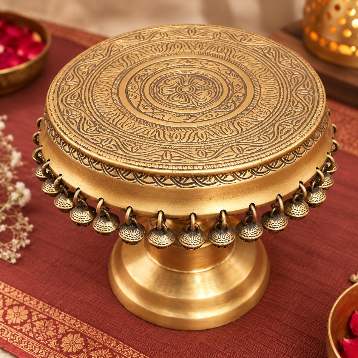 Brass Pedestal Chowki With Ghungroos