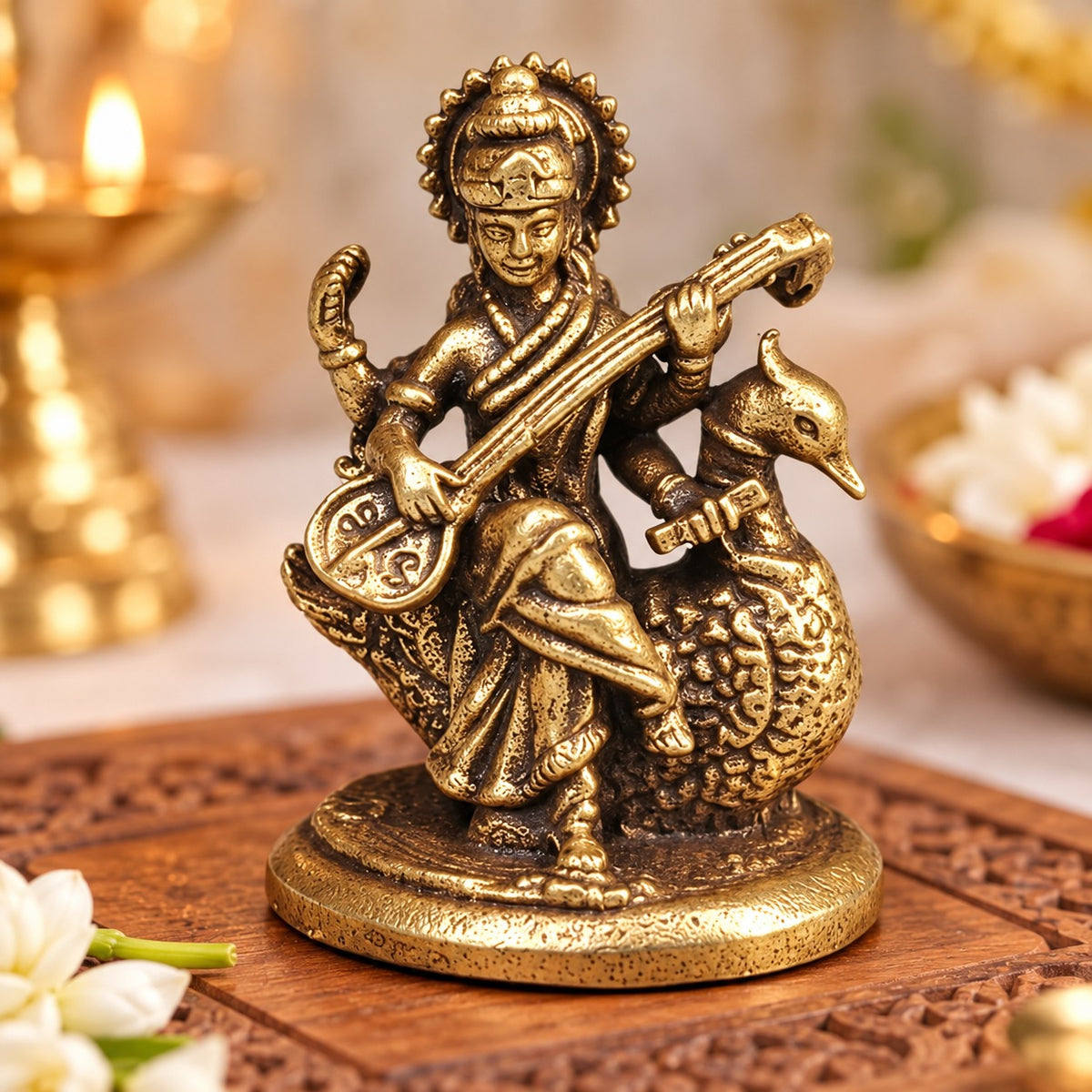 Saraswati on Hansh Superfine Brass Miniature Idol – 1.3 Inch