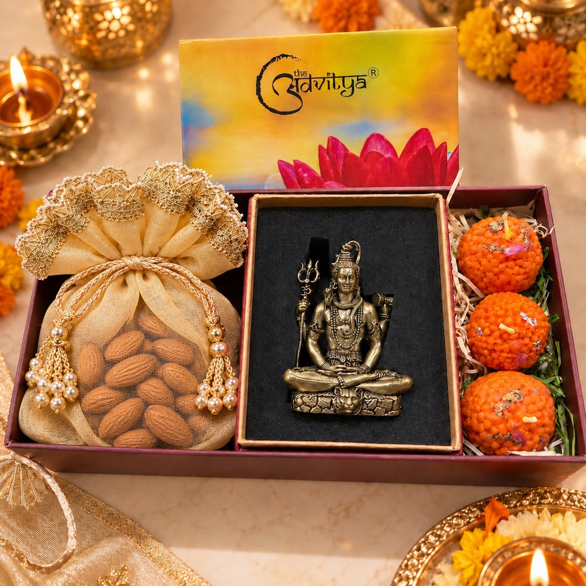 Premium Diwali Gift Hamper with Brass Shiv Idol, Almond Potli & Handmade Candle Laddoos
