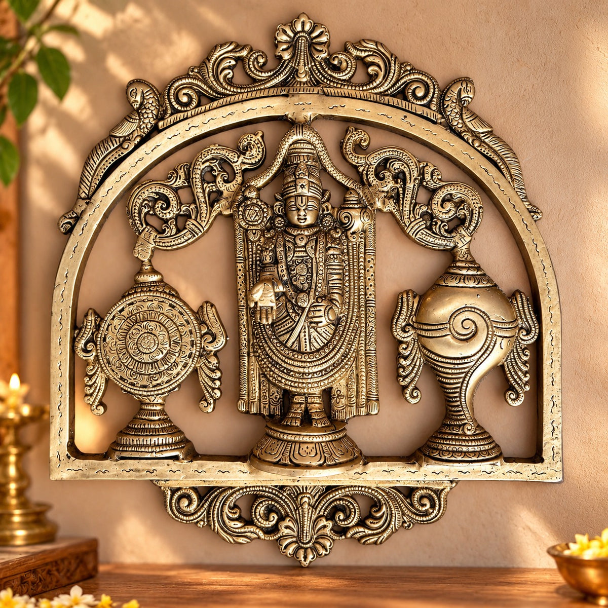 Brass Lord Venkateshwara Swami With Shankh Chakra Wall Hanging Plate