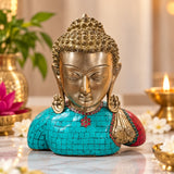 Brass Buddha Bust Idol with Turquoise & Red Stone Work for Peace & Serenity