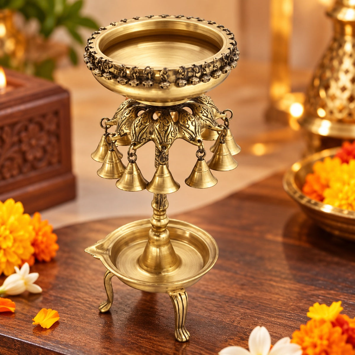 Round Bells Design Urli with Diya Stand