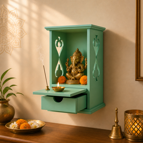 Wooden Pooja Mandir with Storage Drawer & Tray | 13 Inch
