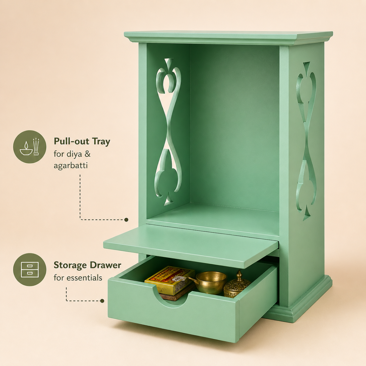 Wooden Pooja Mandir with Storage Drawer & Tray | 13 Inch