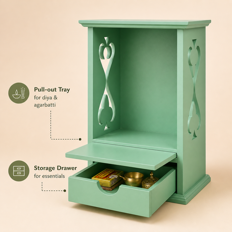 Wooden Pooja Mandir with Storage Drawer & Tray | 13 Inch
