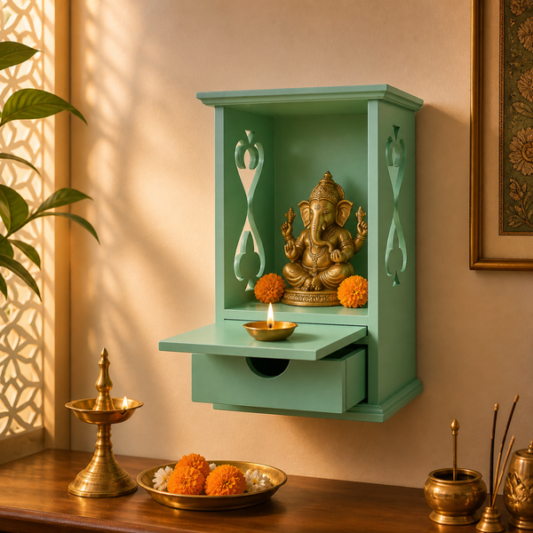 Wooden Pooja Mandir with Storage Drawer & Tray | 13 Inch