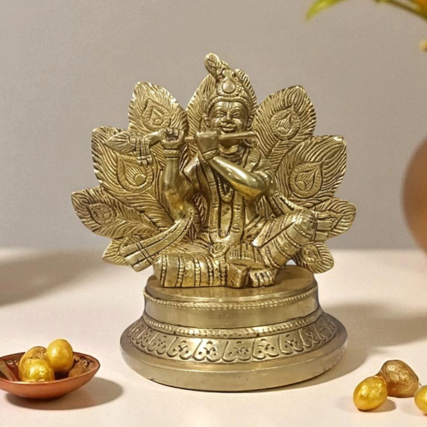 Brass Krishna Idol with Flute & Peacock Feather Backdrop Design