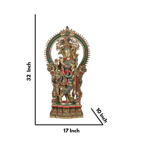 Brass Large Krishna Statue With Stone Work
