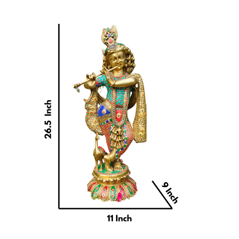 Stone Work Krishna statue With Flute On Lotus Base