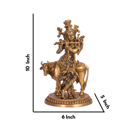 Brass Lord Krishna with Cow Figurine