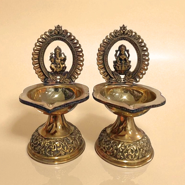 Traditional Superfine Brass Laxmi & Ganesh Deepam Pair| Pooja Oil Lamp for Home & Temple Décor (7.2 Inches, Pair )