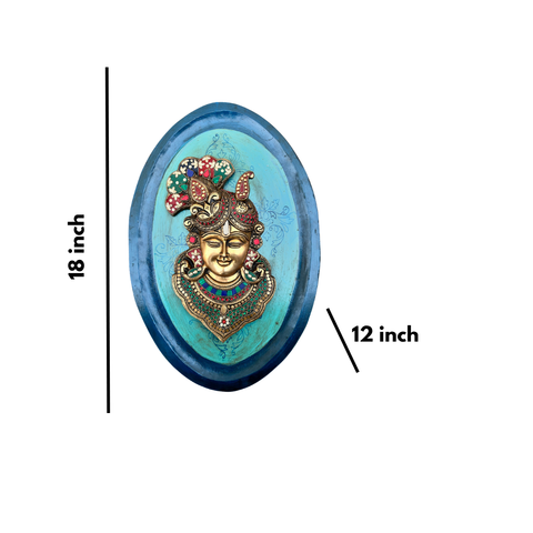 Green Wooden Art With Brass Krishna Face With Stonework