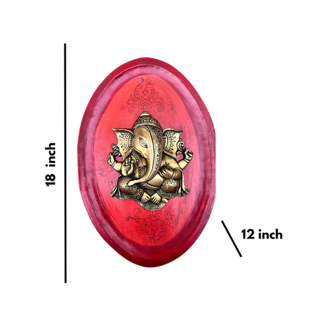 Red Wooden Art With Brass Ganesha