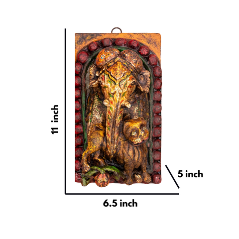 Wooden Ganesha with Lion Carved Wall Panel