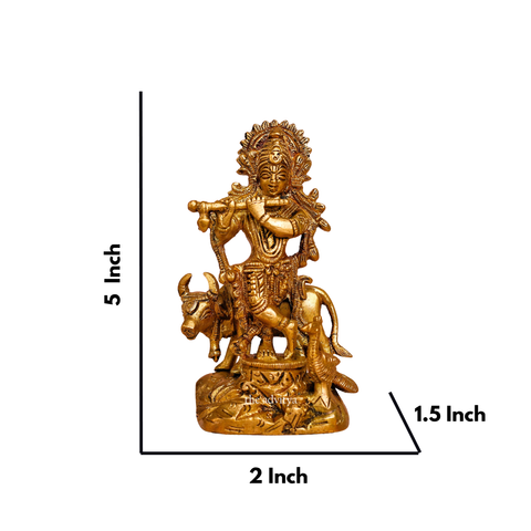 Lord Krishna Idol Standing With Cow & Peacock