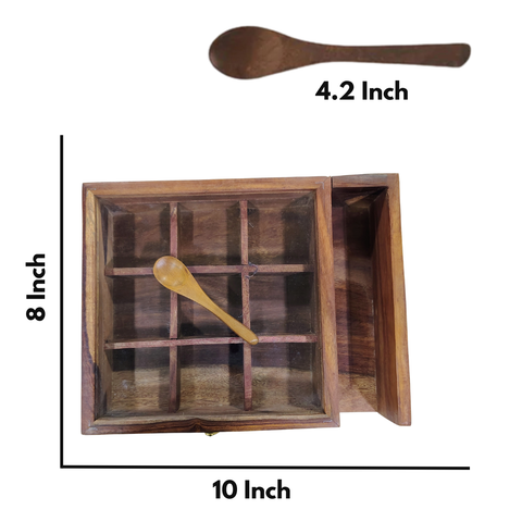 Luxury Wooden Spice Box with Wooden Spoon | Traditional Indian Masala Box - 10 Inch
