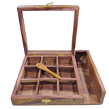 Luxury Wooden Spice Box with Wooden Spoon | Traditional Indian Masala Box - 10 Inch