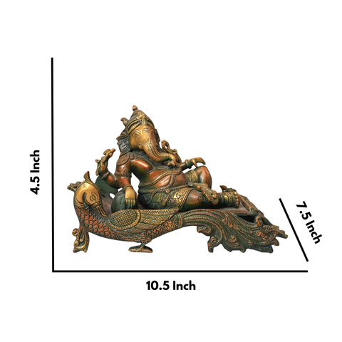 Brass Antique Ganesha resting on peacock couch