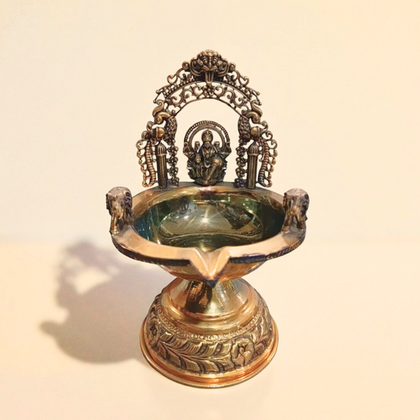 Traditional Superfine Brass Oil Diya with Goddess Lakshmi – Antique Finish Decorative Pooja Lamp  ( 7.5 Inch, Large )